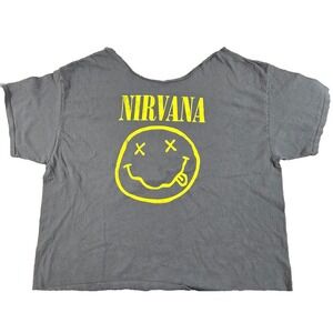 Nirvana Smiley Face Gray Short Sleeved Vintage 90's Cut Tag See Measure Faded